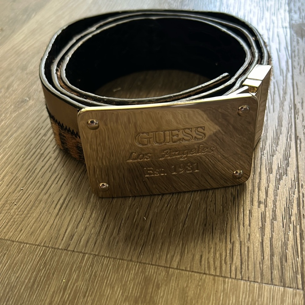 Guess Vintage Gold Tone Y2K Reversible Big Buckle Black & Animal Print Belt